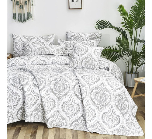 Tache Gray White Ogee Damask Quilt - Moon Sky Speckled Heath 0