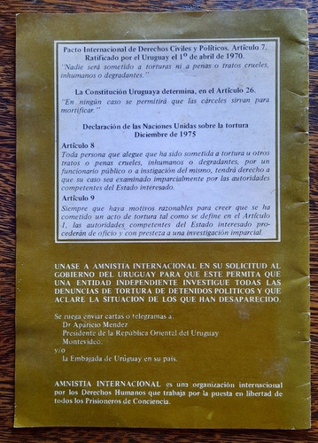 Folleto Uruguay Muertes Por Tortura 1975 -77 Amnistía Intern 1