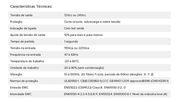 Fonte Chaveada 110/220vca Saída 12vcc 100w 8,3a - Série 1 1