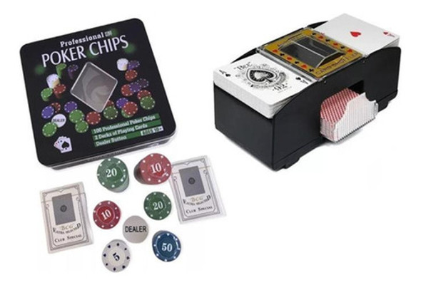 Kit Fichas Poker 100 Pçs Dois Baralhos + Embaralhador Cartas 0