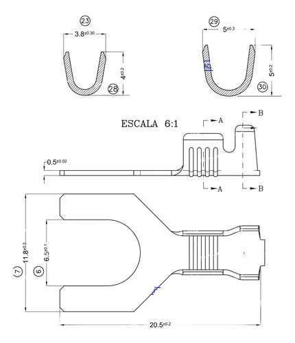 100 Terminales Pala U Media Int 6.5 Ext 11.8 Cable 0.8-2mm2 1