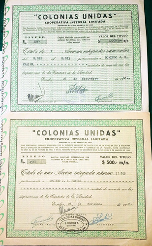 2 Laminas De Acciones Coop. Colonias Unidas Eusebia 1961 0