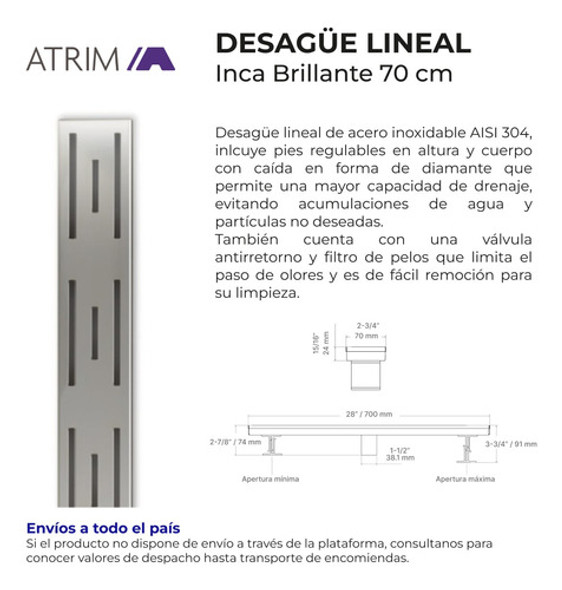 Rejilla Lineal Ducha 70cm Atrim Aqua Desague Acero Inca Bri 1