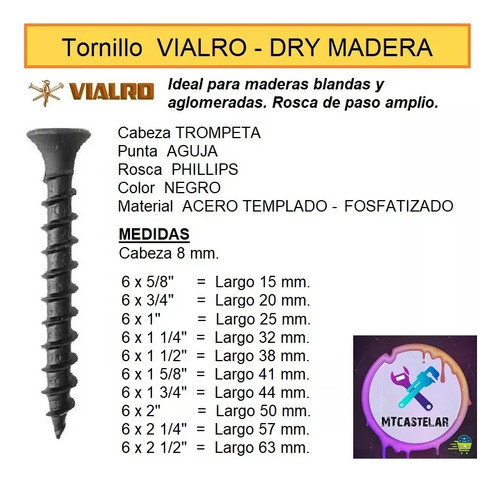 Tornillo Drywall Punta Aguja 6 X 1 1/2 (caja X 200 U) Vialro 1
