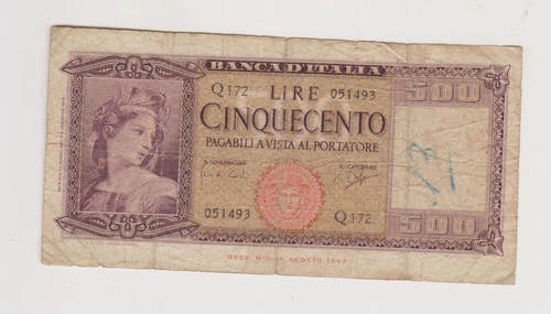 Billete Italia 500 Liras Año 1947 Bueno Escrito 0