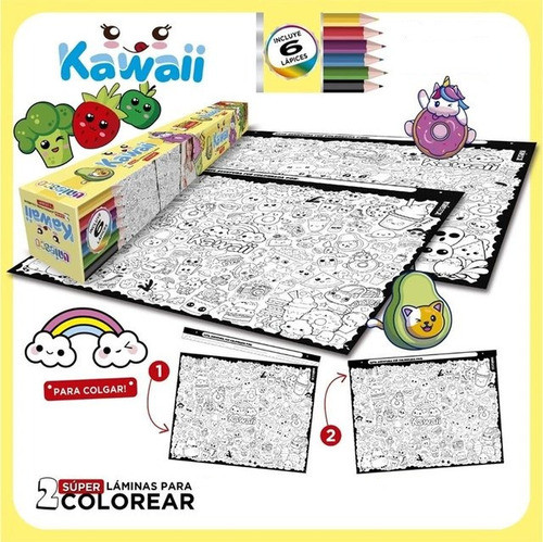Super Laminas Para Colorear X2 Kawaii Incluye 6 Lapices 1