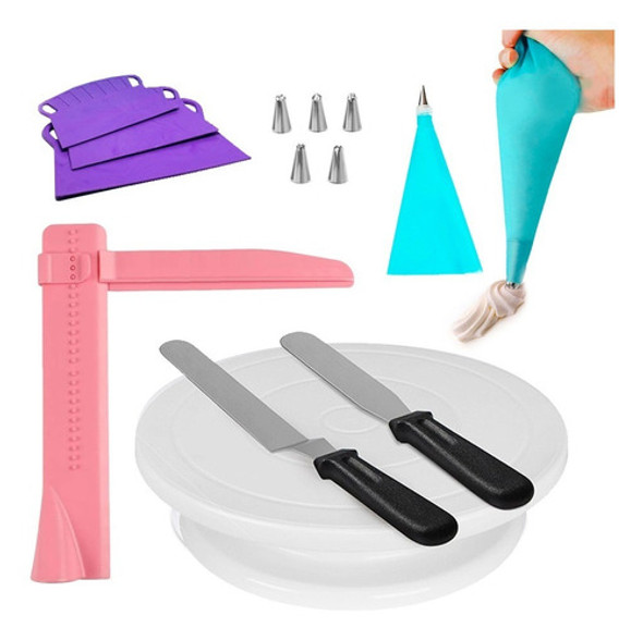 Kit Pasteleria Plato Giratorio Pie 2 Espatulas Manga Picos 0