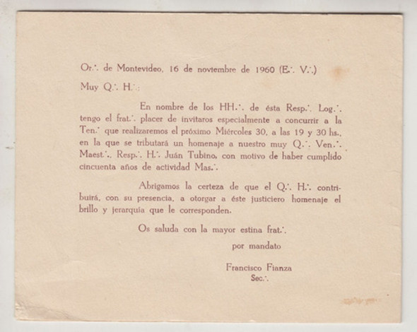 1960 Masoneria Uruguay Invitacion A Tenida De Logia Libertad 1