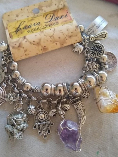 Pulsera Doble Acero Con 3 Piedras Amatista, Citrino Y Pirita 0