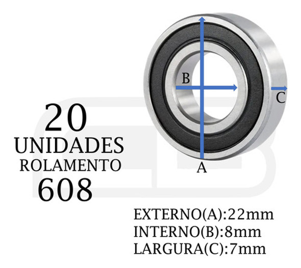 Kit 20 Peças Micro Rolamentos 608 2rs 8x22x7 1