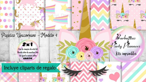 Papeles Fondos Digitales Unicornios Mod. 4 - Kit Imprimibles 1