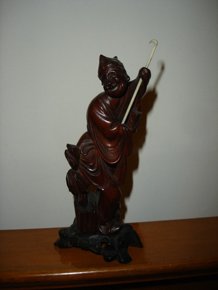 Antigua Talla China Oriental De Madera Baston Ojos Sonrisa 1