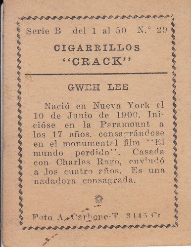 Antiguo Cromo Cine Americano Foto Actriz Gwen Lee Vintage 1