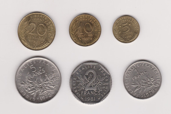 Lote 6 Moneda Francia 5+10+20 Centimes + 1+2+5 Francos 0