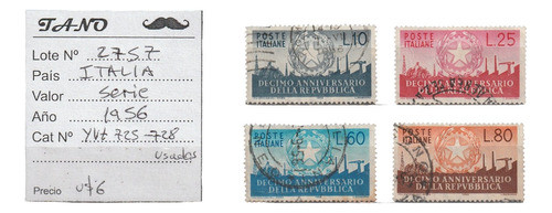 Lote2757 Italia Serie Completa Año 1956 Yvert# 725-28 Usados 0