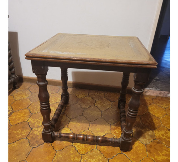 Mesa Ratona De Arrimé Antigua De Bronce Y Madera Torneada 1