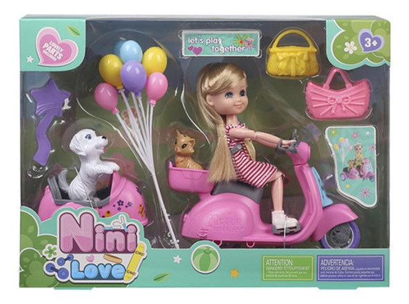 Muñeca Articulada Y Moto Scooter Mascotas Accesorios Juguete 0