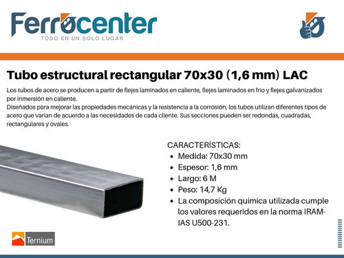 Caño Tubo Estructural Rectangular 70 X 30 X 1,6mm - 6 Mts 1