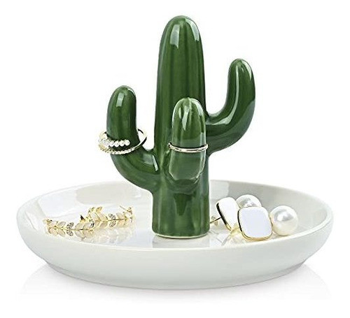 Cactus De Ceramica Esmaltada -plato Porta Anillos Verde/blan 0