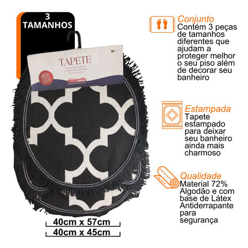 Jogo Tapetes 3pçs Banheiro Estampa Rustico Simple Cor Preto 1