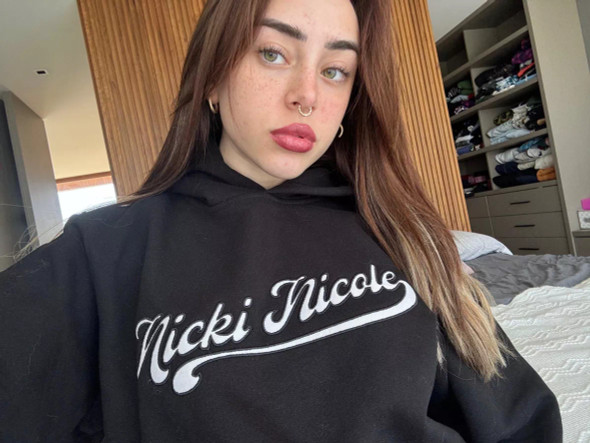 Nicki Nicole Varsity Black Sweatshirt – Loose Fit Cotton with Fleece Lining – Embroidered Chest Design