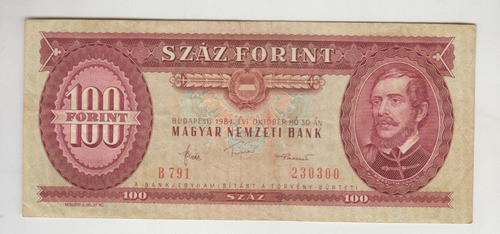Billete Hungria 100 Forint Año 1984 Muy Bueno 0