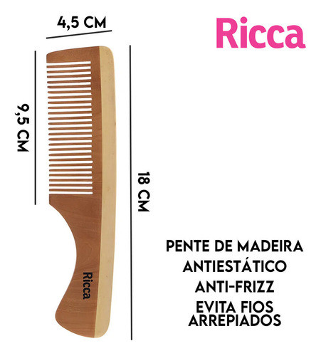 Pente Para Cabelos De Madeira 18cm Dente Largos Ricca Belliz 1