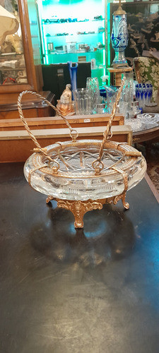 Antiguo Gran Cenicero De Cristal Tallado Y Bronce. 0