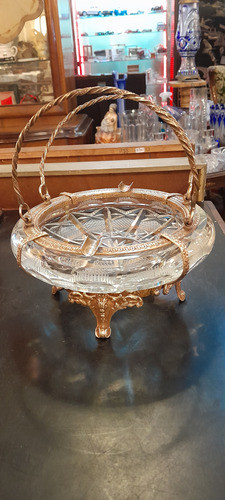 Antiguo Gran Cenicero De Cristal Tallado Y Bronce. 1