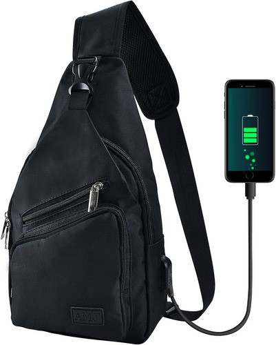 Mochila Senderismo Bandolera Una Tira Negra + Puerto Usb 0