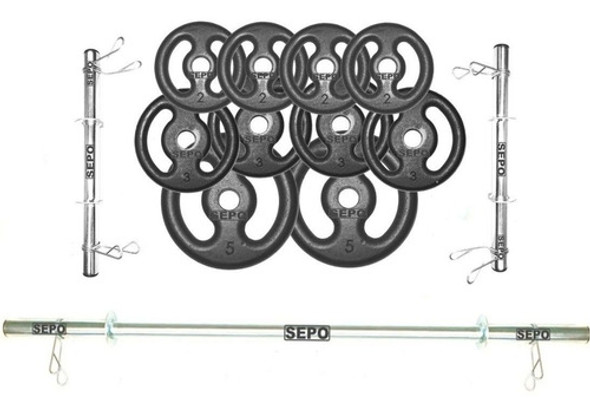 Kit Anilhas Ferro Fundido 30 Kg + Barras Com Presilhas 0