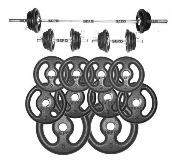 Kit Anilhas Ferro Fundido 30 Kg + Barras Com Presilhas 1