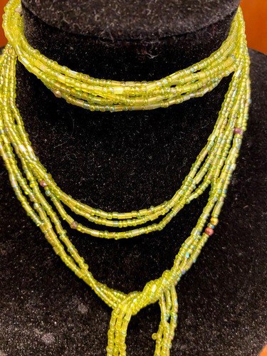 Luli 3 Collares Cuentas Verde Limon Tornasol Corbatin 1.5mt 1
