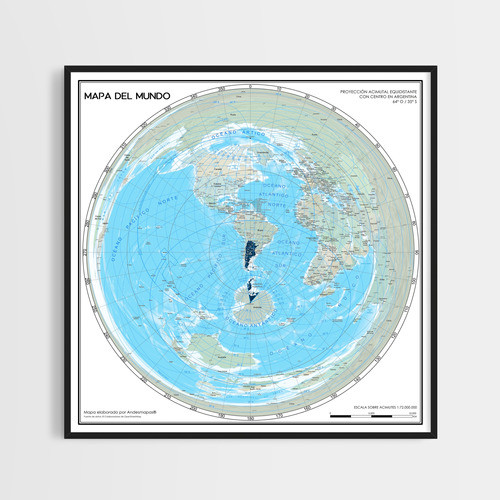Mapamundi Planisferio Centrado En Argentina 61cmx61cm 0