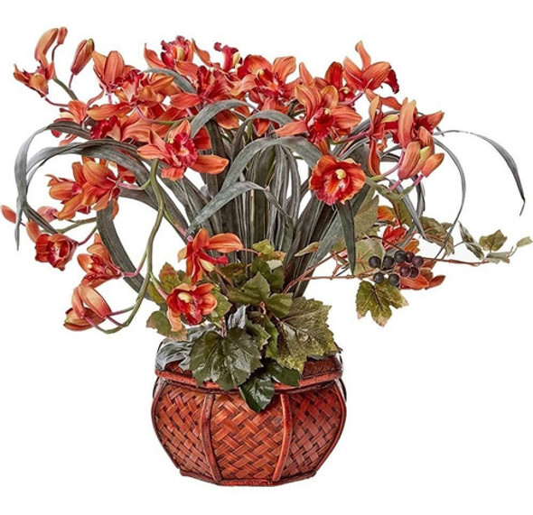 Cymbidium Con Jarrón Decorativo Arreglo De Seda 0