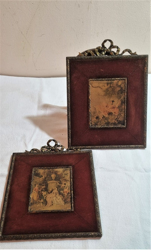 Par De Antiguas Miniaturas Luis Xv En Seda Y Terciopelo. M 1