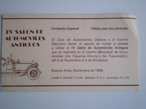 Invitación 4º Salón Automóviles Antiguos Buenos Aires 1984 0