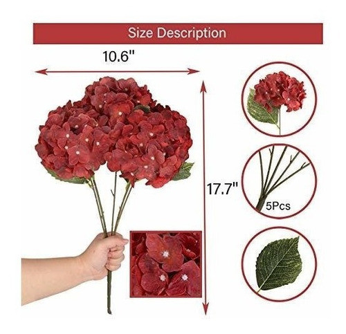 Hortensias Artificiales De Seda Ramo X5 Flores Rojo Oscuro 1