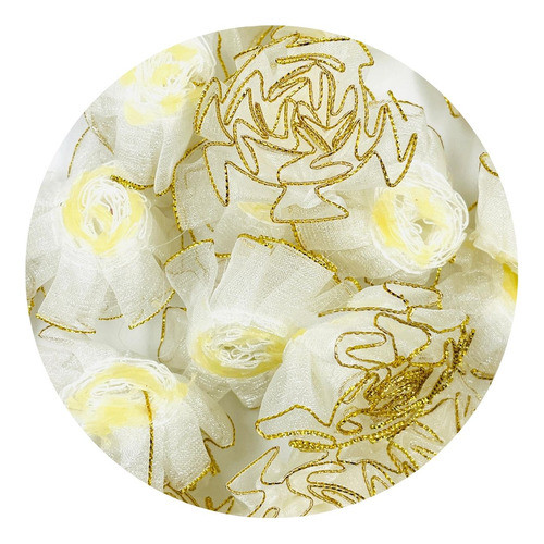 Aplique Tecido Flor Branco Com Dourado 55x40mm Patch 5pç 7g 0