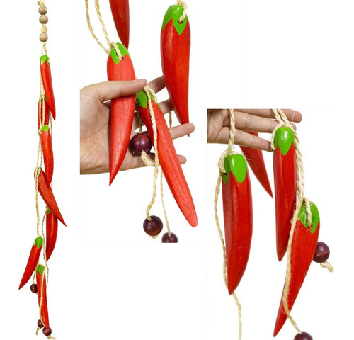 Enfeite Fieira Pimenta Artificial De Madeira Pendente Decor 0