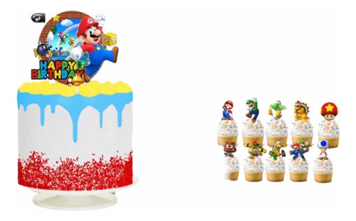 Pack Topper De  Torta Y 12 Pinchos Para Cup Cake Mario Bross 0