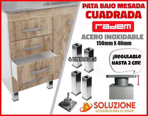 Pata Cuadrada Acero Inoxidable Regulable 150mm X 4 Unidades 1