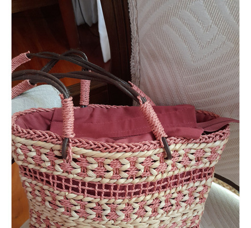 Cartera Tipo Canasta De Paja Y Tela Rosa Y Beige. Escaso U 0
