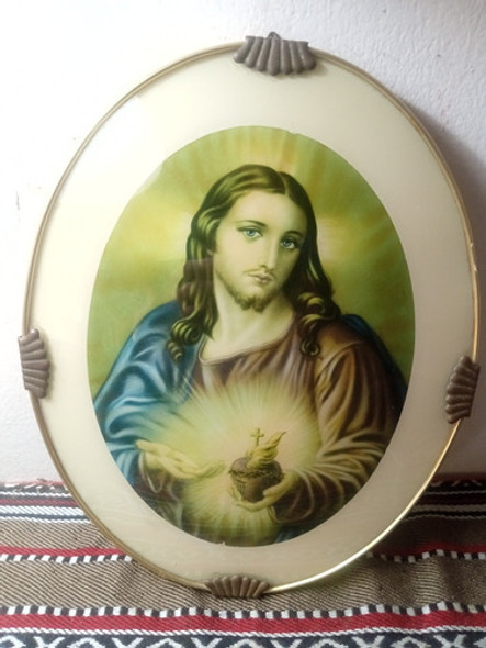 Antiguo Cuadro Sagrado Corazón De Jesús Vidrio Bombe 0
