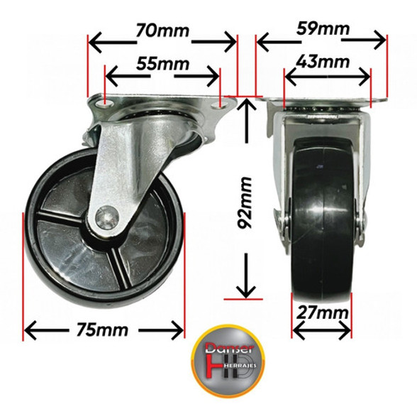 Rueda Giratoria Plastico Diam 75mm Alto 95mm Mueble 25kg 1