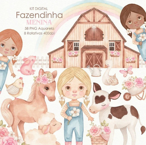 Kit Imagenes Png Cliparts Granja Rosa Animales Acuarela Ca04 0