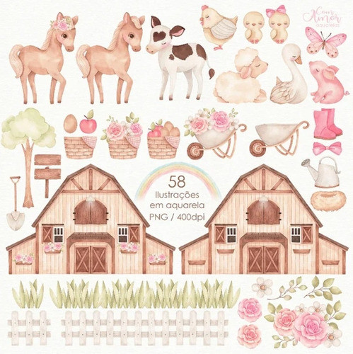 Kit Imagenes Png Cliparts Granja Rosa Animales Acuarela Ca04 1