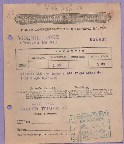 Antiguo Recibo De Cuota De Obras Sanitarias 0