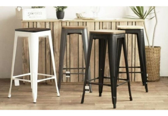 Banco Alto Tolix C/asiento De Madera Negro 1