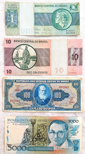 4 Billetes Brasil 1 10 100 Cruceiros + 5000 Cruzados C/sello 0